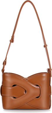 Borsa a tracolla in pelle marrone, design elegante con dettagli intrecciati, ideale per moda donna, accessorio di lusso, stile contemporaneo.