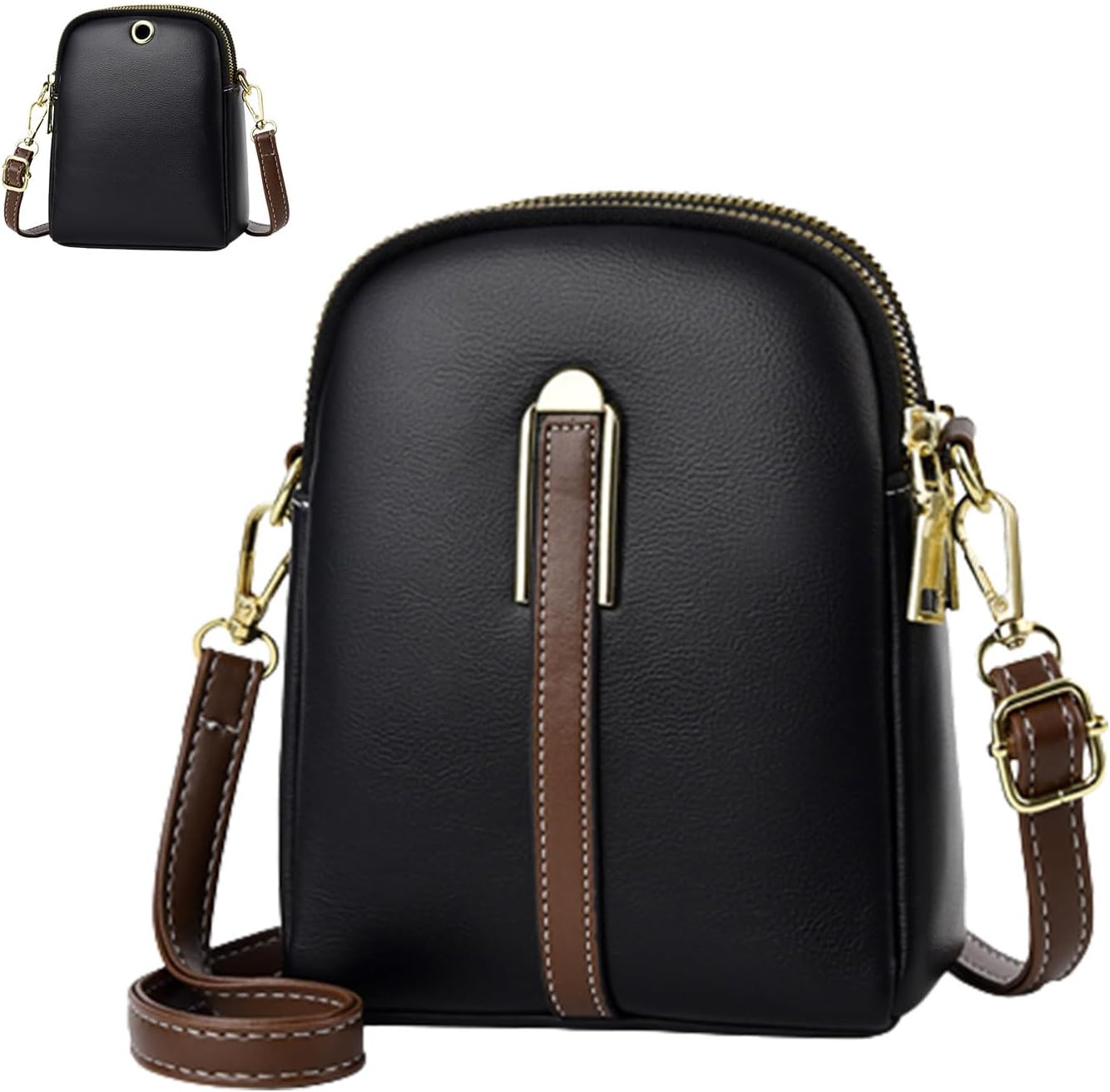 Borsa a tracolla donna in pelle nera con dettagli marroni, chiusura a zip dorata, design elegante e compatto, ideale per uso quotidiano e serate.