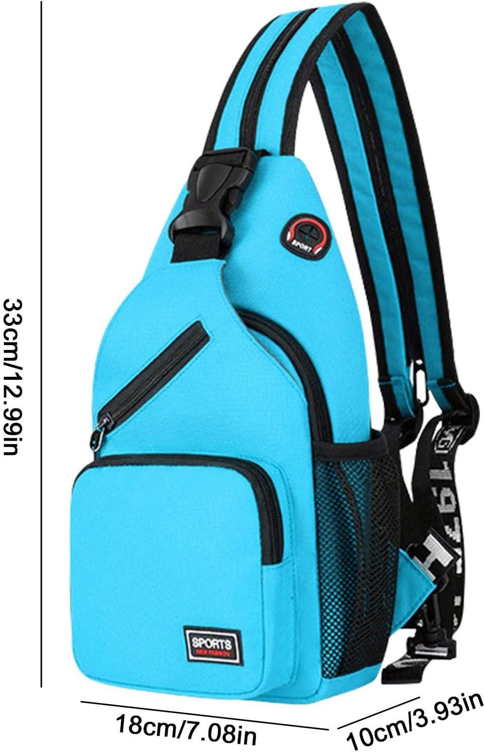 Zaino monospalla sportivo blu, dimensioni 33x18x10 cm, con tasche multiple e cinghia regolabile. Ideale per attività all'aperto e viaggi.