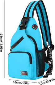 Zaino monospalla sportivo blu, dimensioni 33x18x10 cm, con tasche multiple e cinghia regolabile. Ideale per attività all'aperto e viaggi.