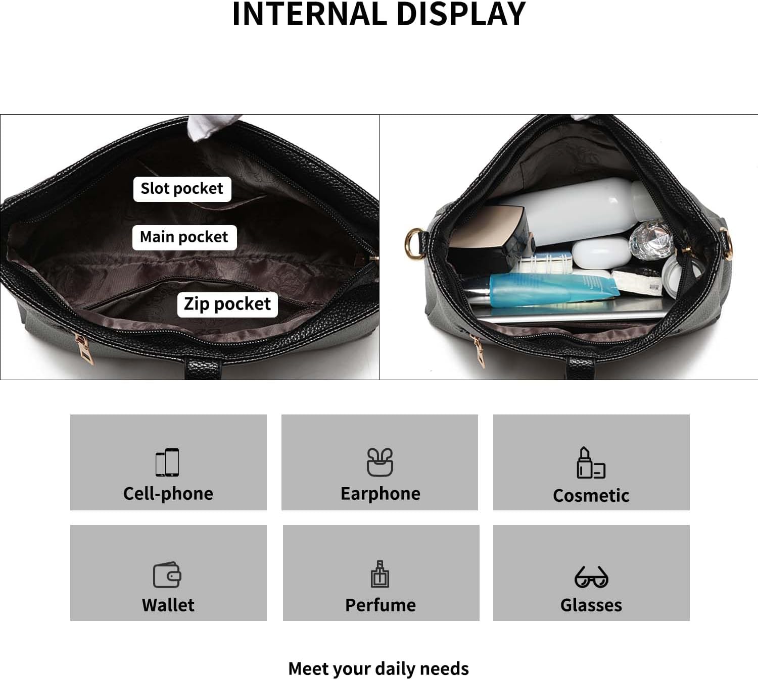 Interno borsa donna nera con tasche: slot, principale, zip. Contiene cellulare, auricolari, cosmetici, portafoglio, profumo, occhiali.