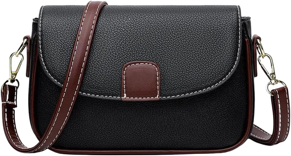 Borsa a tracolla in pelle nera con dettagli marroni, chiusura a patta, cuciture bianche, ideale per moda donna, accessorio elegante e versatile.