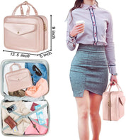 Borsa da viaggio rosa elegante, dimensioni 12.5x9x5 pollici, con tasca frontale, ideale per organizzare accessori e cosmetici.