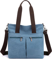 Borsa a tracolla in tela blu con manici marroni, doppia cerniera frontale, ideale per donna, moda casual, capiente e resistente.