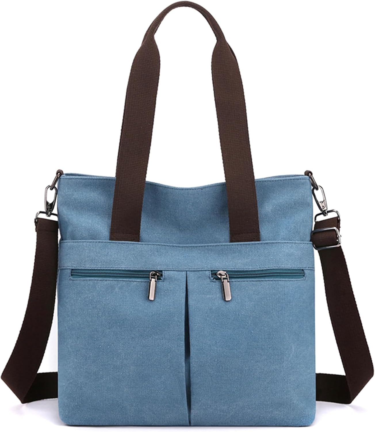 Borsa a tracolla in tela blu con manici marroni, doppia cerniera frontale, ideale per donna, moda casual, accessorio versatile e resistente.