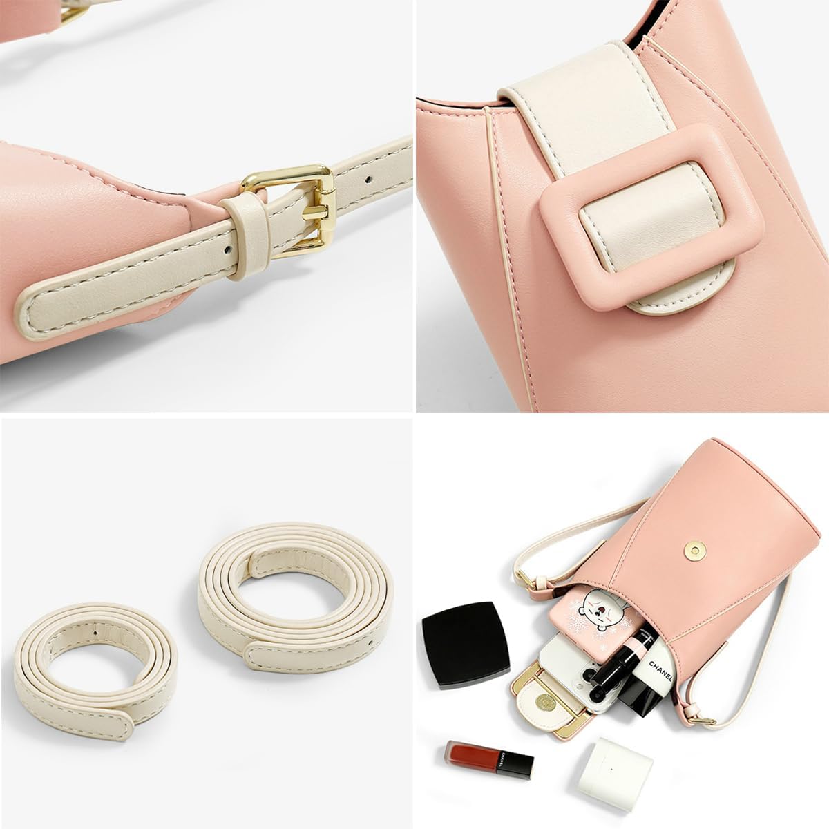Borsa a tracolla rosa in pelle con fibbia decorativa, cinturino regolabile, tasca interna, accessori inclusi. Elegante e pratica per ogni occasione.