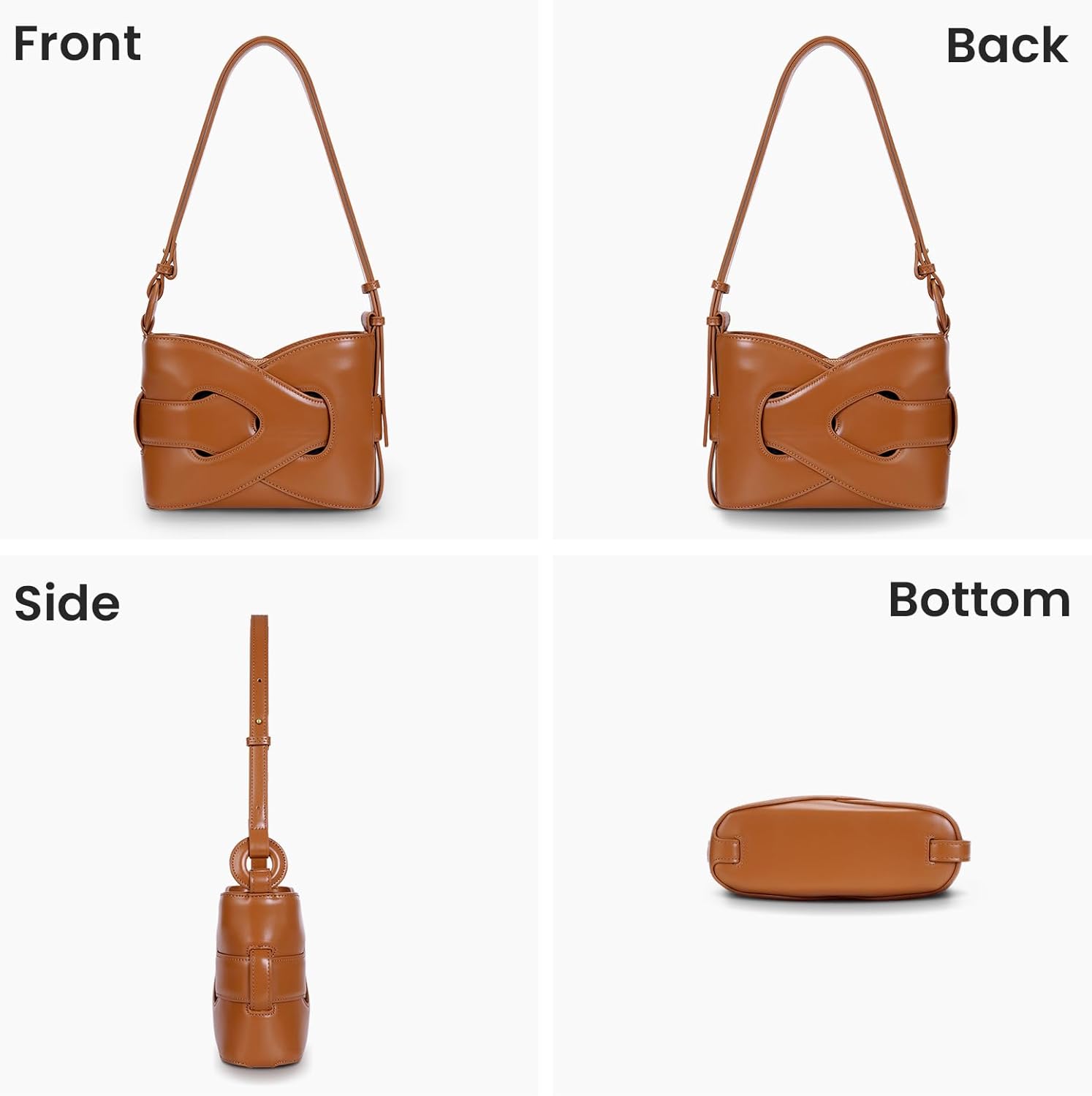 Borsa a tracolla in pelle marrone, design elegante con chiusura a nodo, vista frontale, posteriore, laterale e inferiore. Accessorio moda donna.