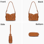 Borsa a tracolla in pelle marrone, design elegante con chiusura a nodo, vista frontale, posteriore, laterale e inferiore. Accessorio moda donna.