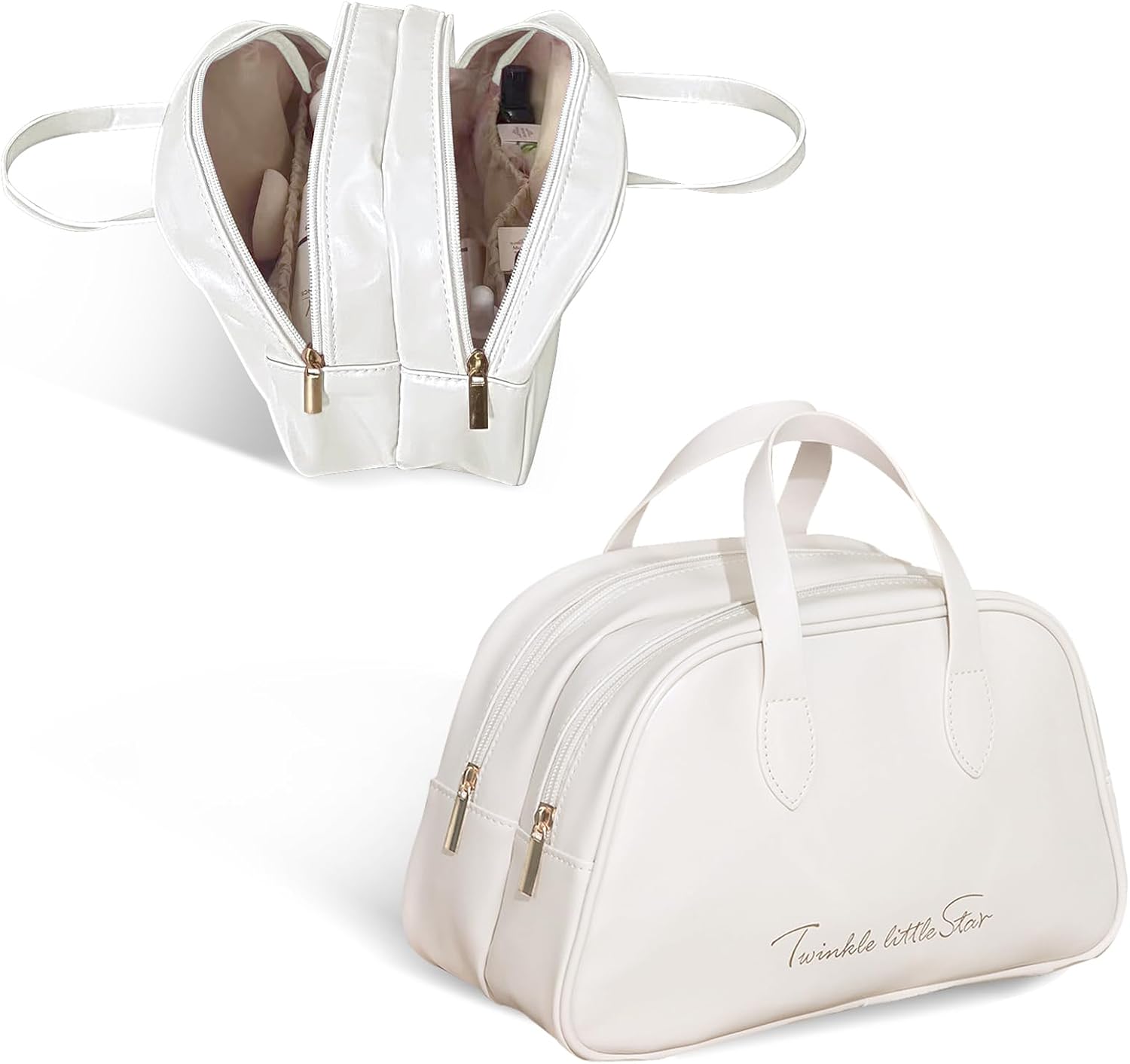 Borsa cosmetica bianca in pelle sintetica con doppia cerniera, manici superiori, design elegante, ideale per viaggio e organizzazione trucco.