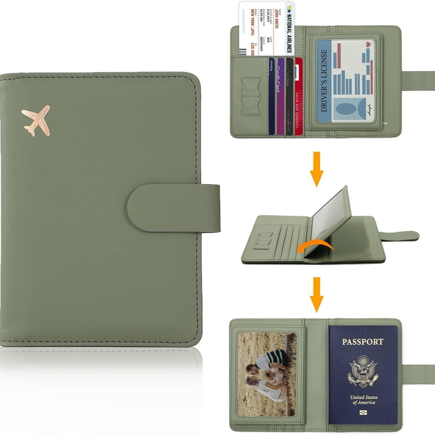 Portafoglio da viaggio verde in pelle con icona aereo, scomparti per carte di credito, patente e passaporto. Accessorio organizzato per viaggiatori.
