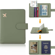 Portafoglio da viaggio verde in pelle con icona aereo, scomparti per carte di credito, patente e passaporto. Accessorio organizzato per viaggiatori.