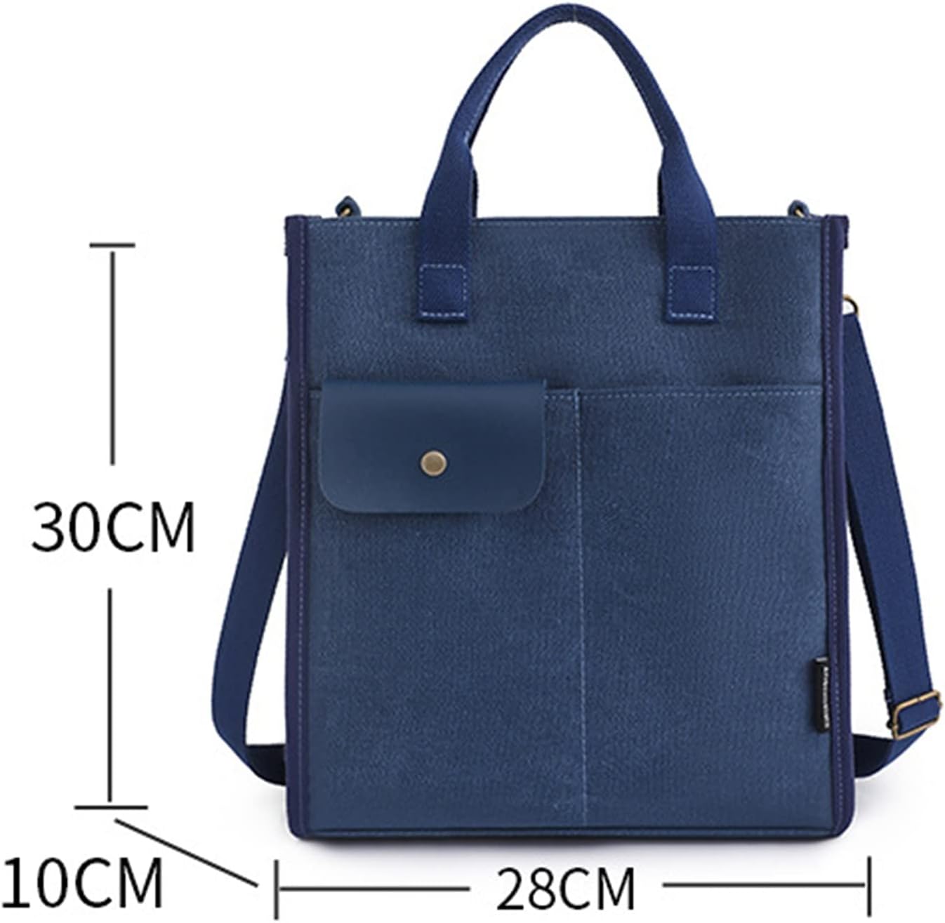 Borsa a tracolla blu in tela, dimensioni 30x28x10 cm, con tasca frontale e manici. Design elegante e pratico per uso quotidiano.