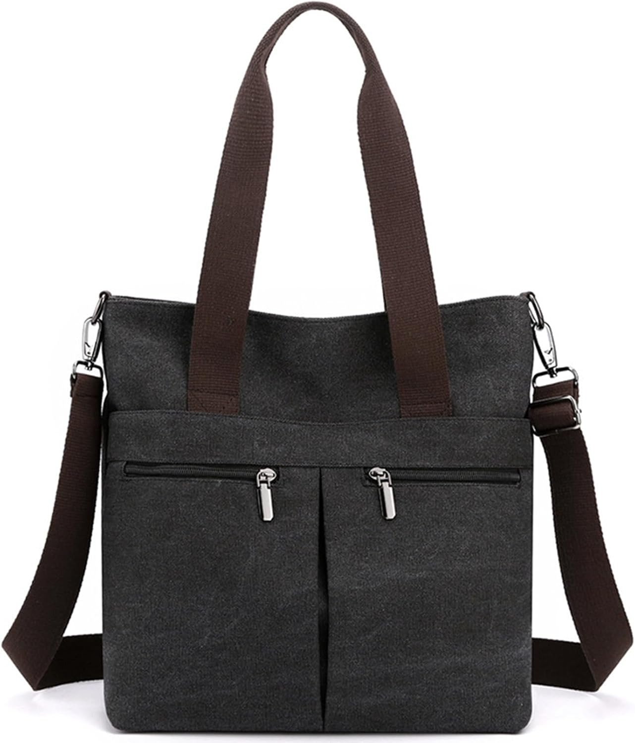 Borsa a tracolla in tela nera con manici marroni, doppia cerniera frontale, design elegante e pratico, ideale per lavoro e tempo libero.