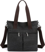 Borsa a tracolla in tela nera con manici marroni, doppia cerniera frontale, design elegante e pratico, ideale per lavoro e tempo libero.
