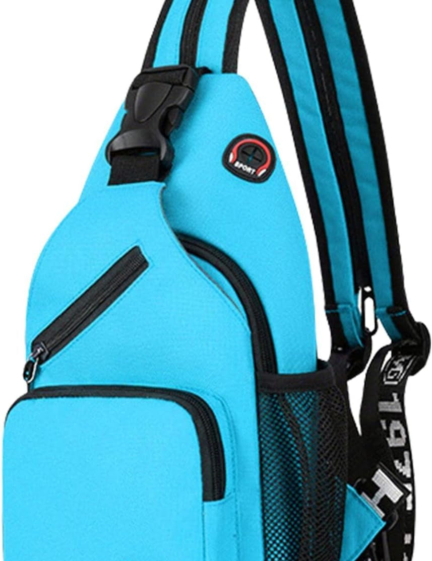 Zaino monospalla sportivo blu, tasche multiple, cinghia regolabile, design compatto. Ideale per attività all'aperto e uso quotidiano.