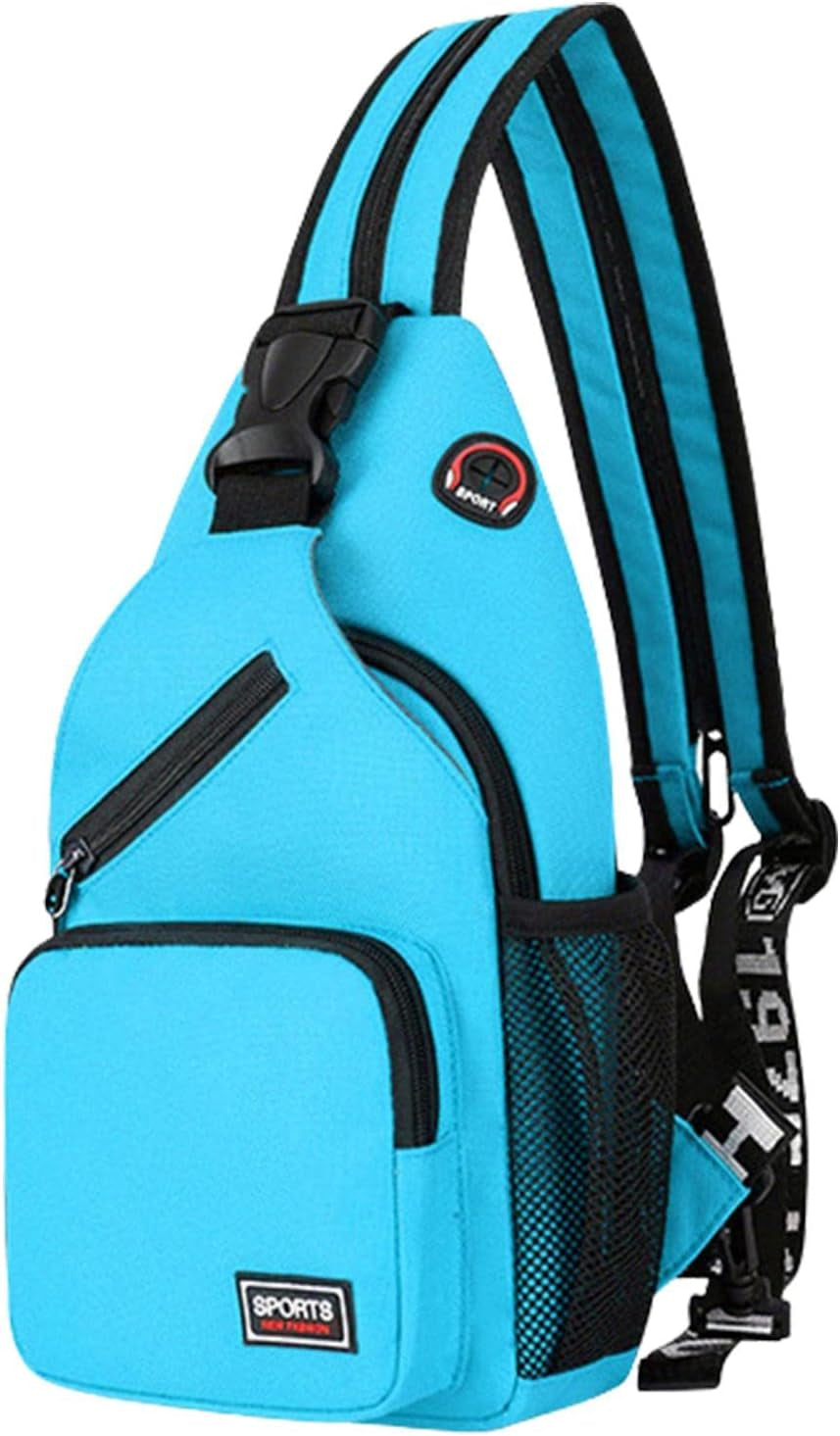 Zaino monospalla sportivo blu, tasche multiple, cinghia regolabile, design compatto. Ideale per attività all'aperto e uso quotidiano.