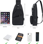 Zaino monospalla nero, dimensioni 32.5x19x10.5 cm, compatibile con iPad Mini, power bank, portafoglio, smartphone e bottiglia termica.