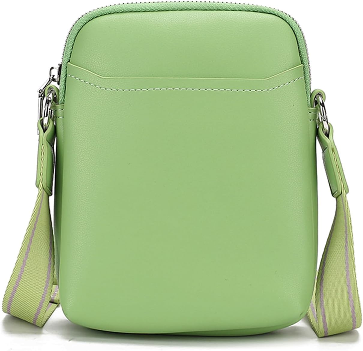 Borsa a tracolla verde chiaro in pelle sintetica, design minimalista, con cerniera superiore e tracolla regolabile. Accessorio moda donna elegante.