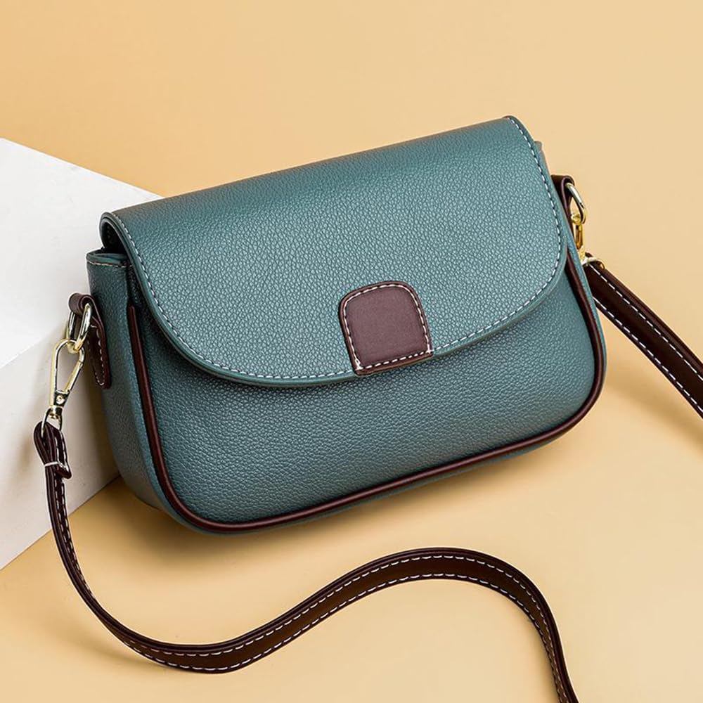 Borsa a tracolla in pelle verde con patta frontale marrone, design elegante e moderno, ideale per moda donna, accessori di tendenza.