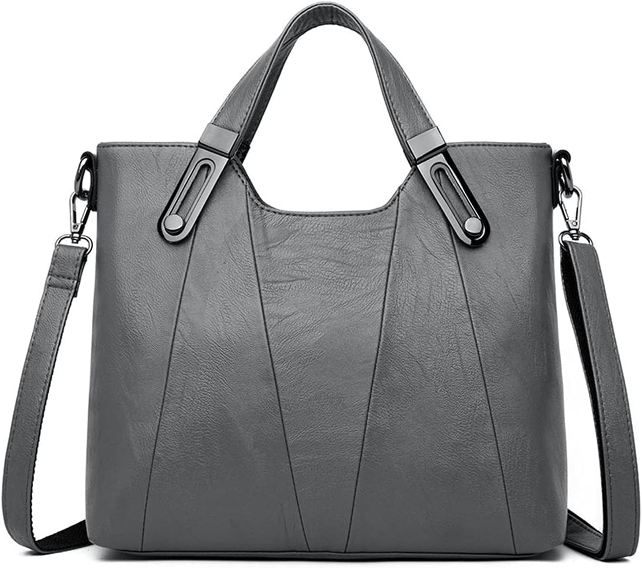 Borsa a tracolla in pelle grigia elegante, design moderno, manici robusti, tracolla regolabile, ideale per donna, moda accessori.