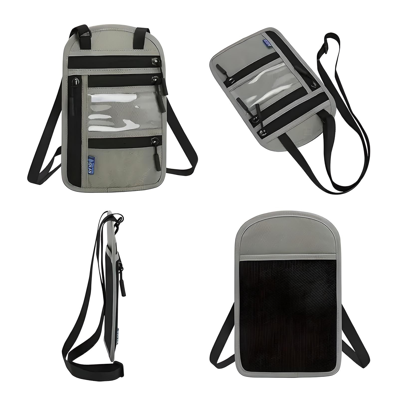 Borsa a tracolla grigia con tasche trasparenti e cerniere, design moderno, ideale per viaggi e uso quotidiano. Accessorio unisex pratico e versatile.
