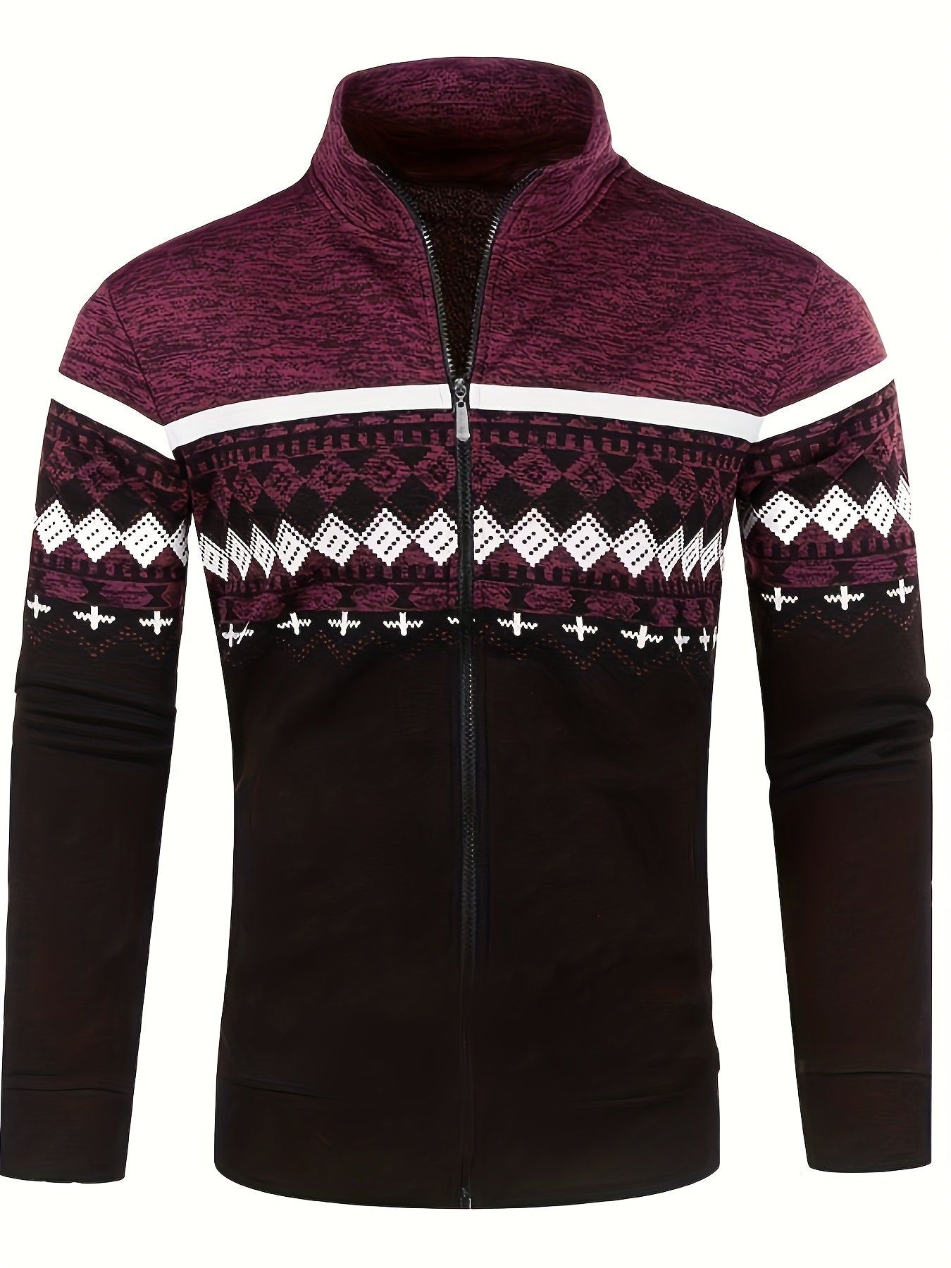 Giacca uomo invernale con zip, motivo geometrico etnico, colori bordeaux e nero, collo alto, maniche lunghe, ideale per moda casual e calda.