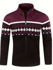 Giacca uomo invernale con zip, motivo geometrico etnico, colori bordeaux e nero, collo alto, maniche lunghe, ideale per moda casual e calda.