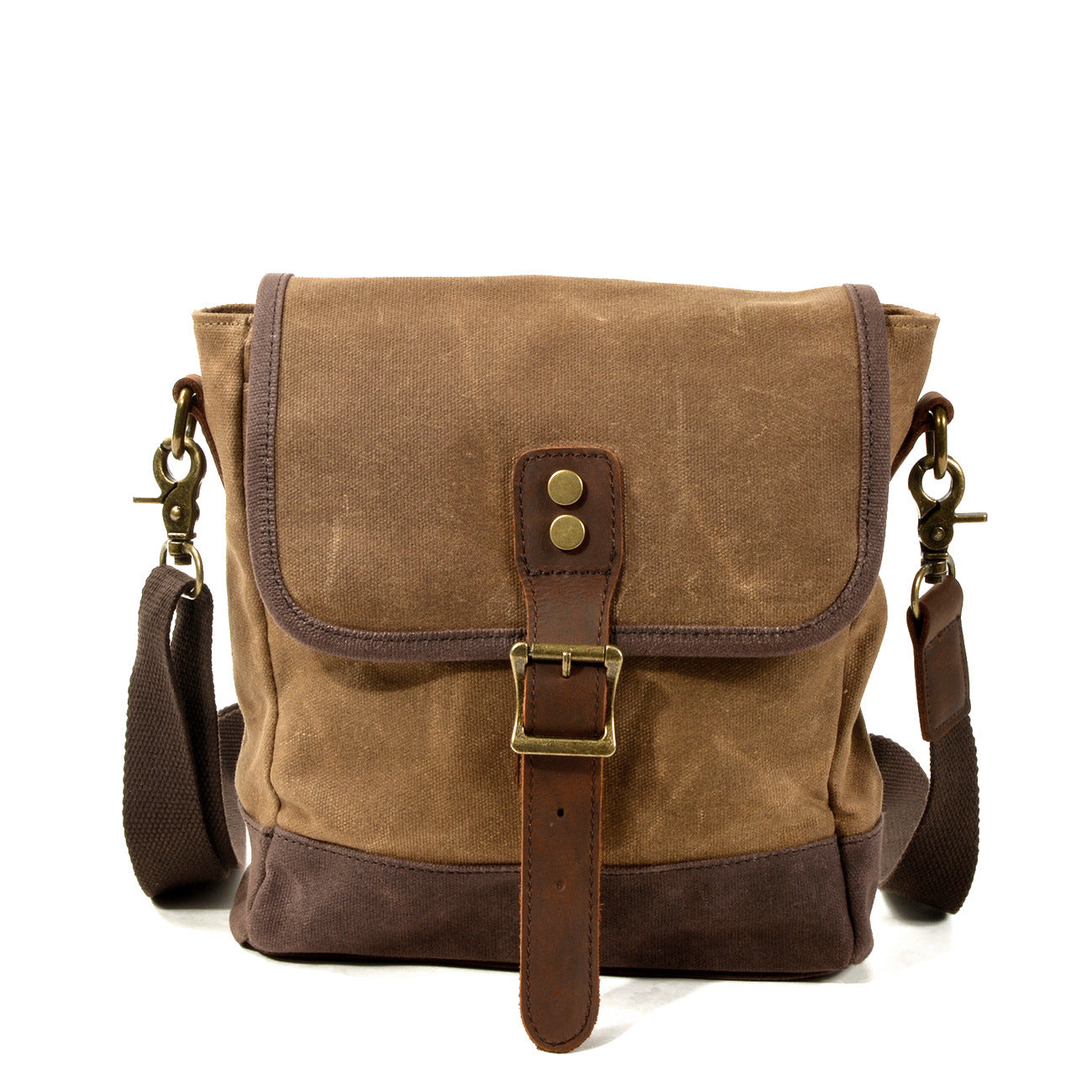 Borsa a tracolla in tela cerata marrone con chiusura a fibbia in pelle, tasche multiple, design vintage, ideale per uomo e donna, resistente e versatile.