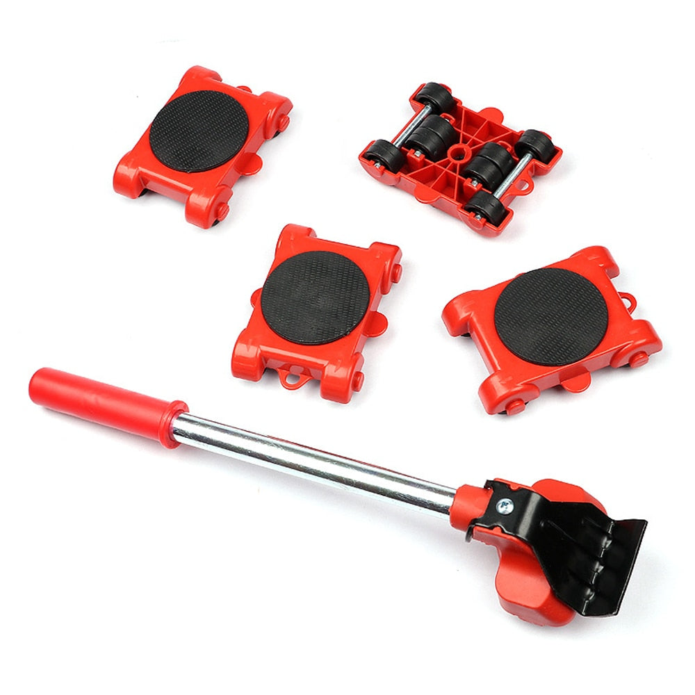 Set di sollevamento mobili rosso, include leva e quattro rulli con ruote nere. Strumento per spostare mobili pesanti facilmente e in sicurezza.