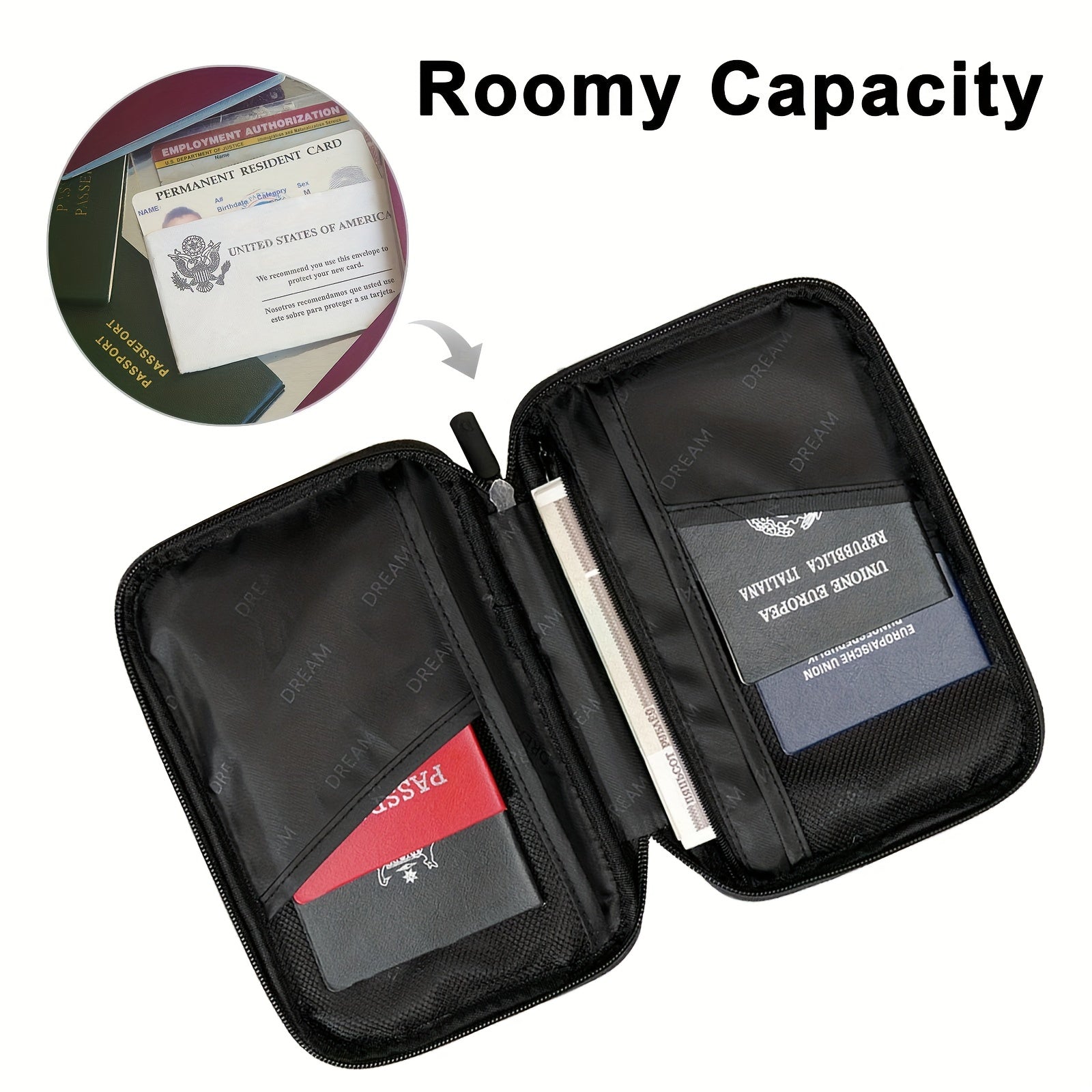Custodia portadocumenti da viaggio nera con capacità spaziosa, adatta per passaporti, carte d'identità e documenti essenziali. Tasche interne multiple.
