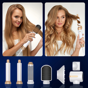 Donna che utilizza un asciugacapelli multifunzione con accessori intercambiabili per lisciare e arricciare i capelli. Styling capelli professionale.