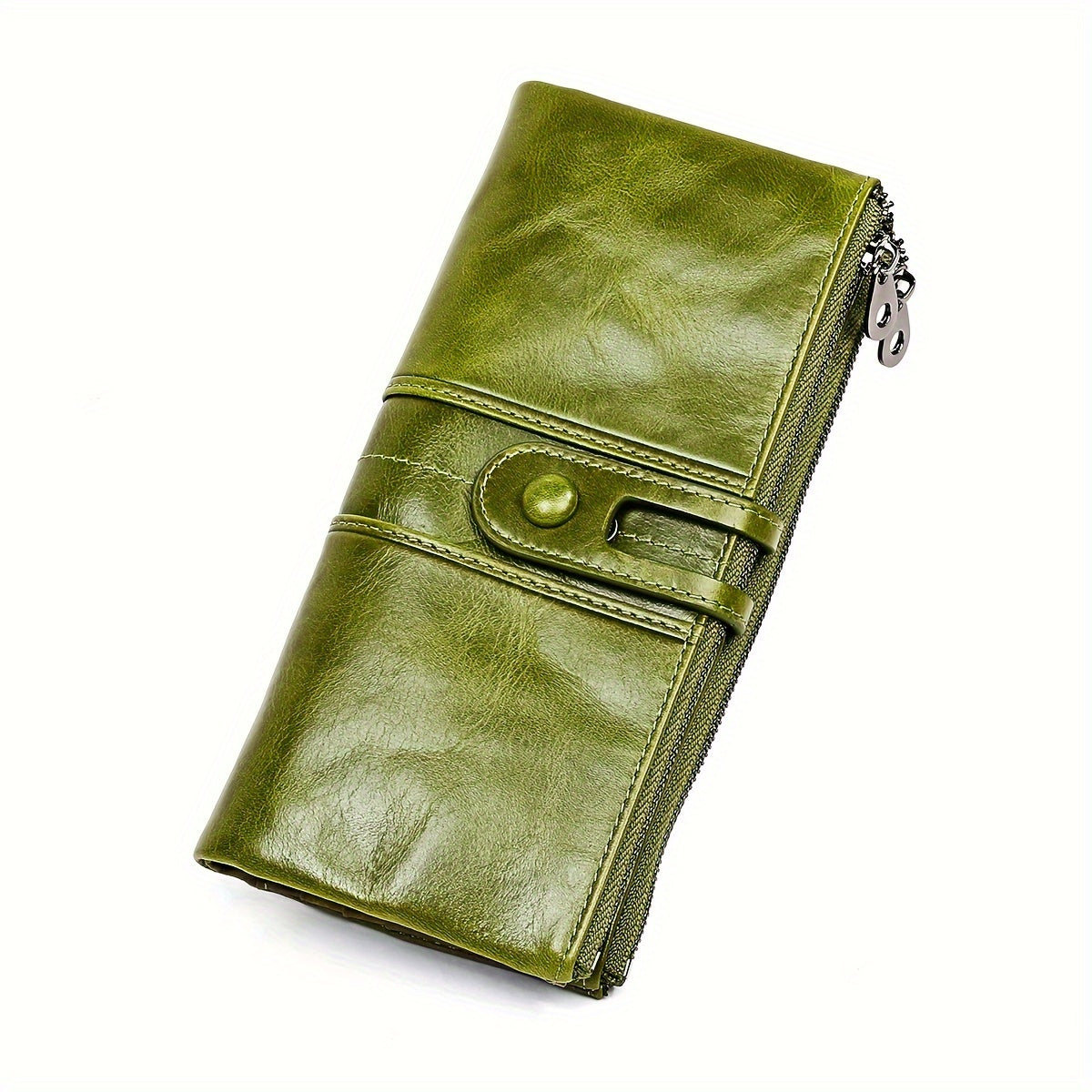 Portafoglio donna in pelle verde, design elegante con chiusura a bottone e cerniera. Accessorio moda, alta qualità, stile moderno.