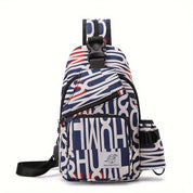 Zaino monospalla multicolore con stampa lettere, tasca frontale con zip, cinturino regolabile. Design moderno, ideale per viaggi e uso quotidiano.