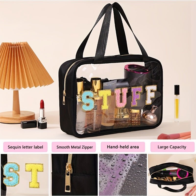 Borsa trasparente da viaggio con scritta "STUFF", cerniera in metallo, manico, grande capacità. Include cosmetici e accessori.