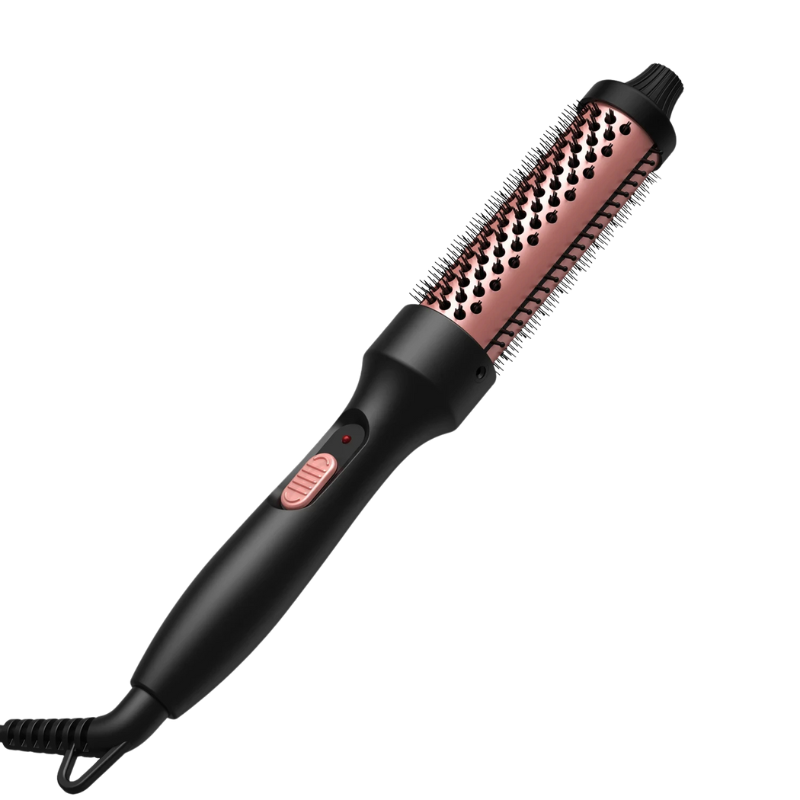 Spazzola arricciacapelli elettrica nera e rosa, design ergonomico, setole in ceramica, ideale per styling capelli, riscaldamento rapido, cavo girevole.