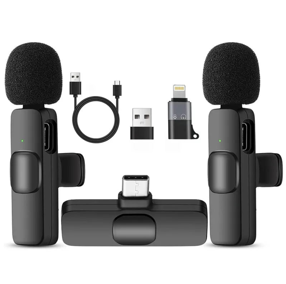 Microfoni wireless con connettori USB-C e Lightning, accessori inclusi. Ideali per registrazioni audio di alta qualità su smartphone e tablet.