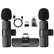 Microfoni wireless con connettori USB-C e Lightning, accessori inclusi. Ideali per registrazioni audio di alta qualità su smartphone e tablet.