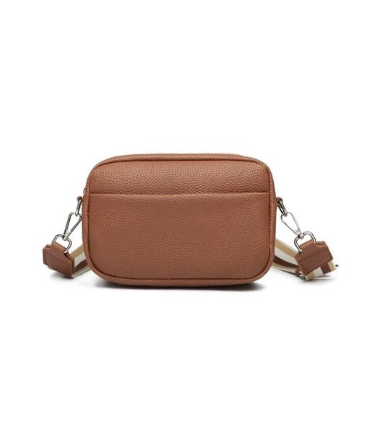 Borsa a tracolla in pelle marrone, design compatto, con tracolla regolabile e dettagli metallici. Accessorio moda donna elegante e versatile.