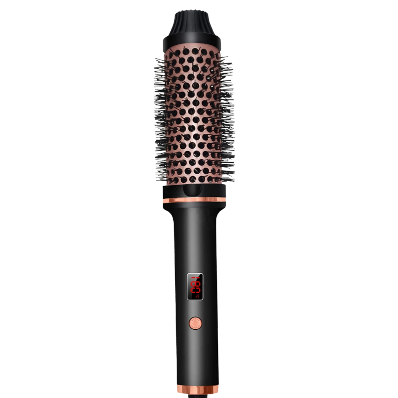 Spazzola rotante elettrica nera e rame con display digitale, setole in ceramica, ideale per styling capelli, arricciatura e lisciatura professionale.