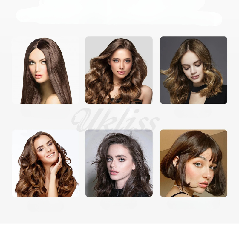 Sei parrucche da donna in vari stili: lisci, ricci e ondulati, colori castano e biondo. Moda capelli, acconciature eleganti, look naturale.
