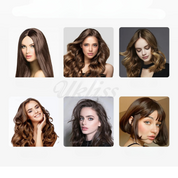 Sei parrucche da donna in vari stili: lisci, ricci e ondulati, colori castano e biondo. Moda capelli, acconciature eleganti, look naturale.