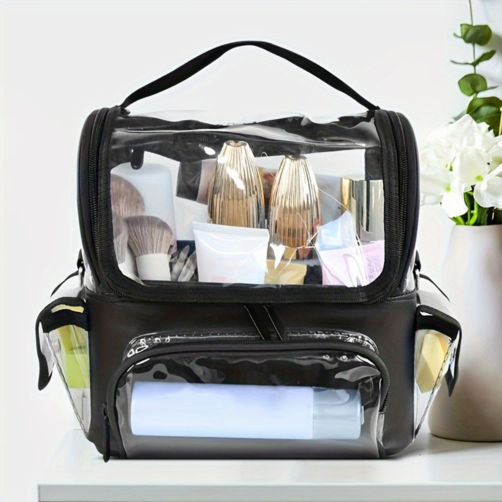 Borsa trasparente per cosmetici con scomparti multipli, contenente pennelli e flaconi. Ideale per organizzare trucchi e accessori da viaggio.