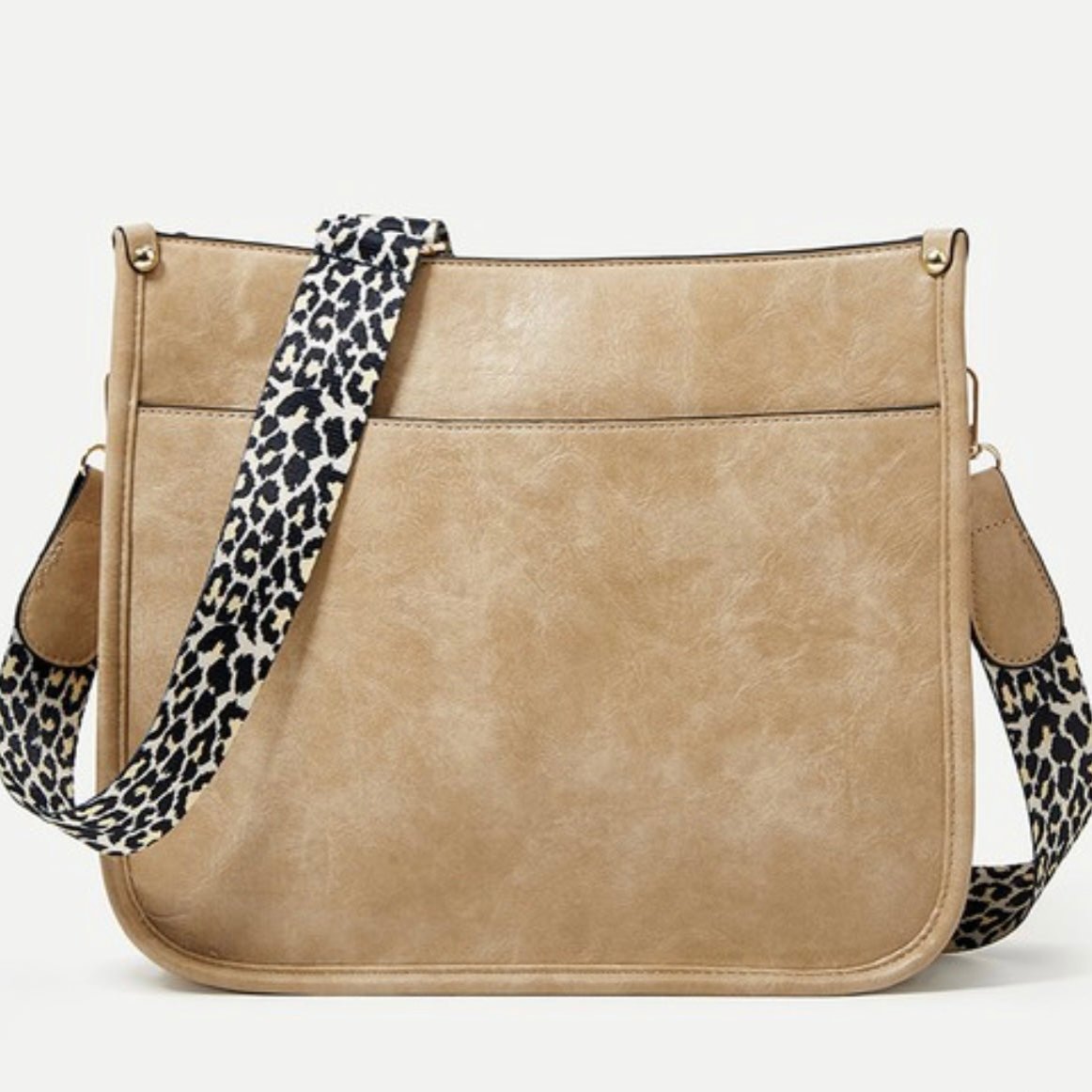 Borsa a tracolla beige in pelle sintetica con cinturino leopardato, design elegante e moderno, perfetta per moda donna e accessori casual.