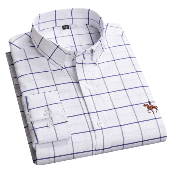 Camicia uomo a quadri bianchi e blu, manica lunga, colletto classico, logo ricamato, cotone, elegante e casual, moda maschile.