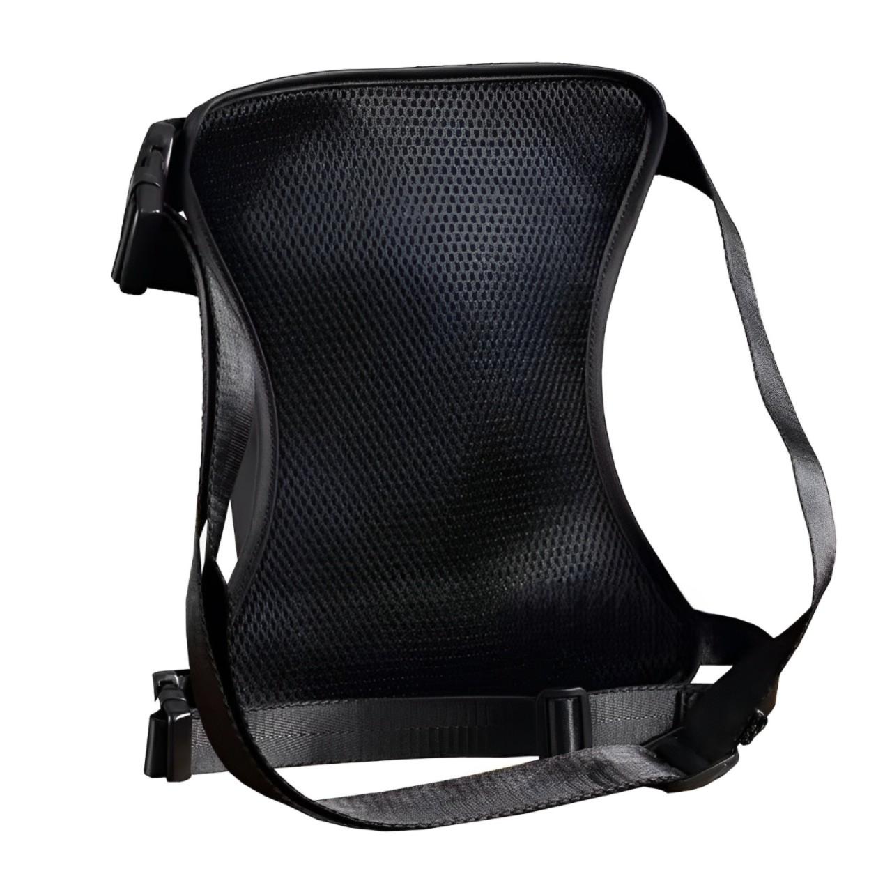 Zaino ergonomico nero con schienale in rete traspirante, cinghie regolabili e design leggero. Ideale per viaggi e uso quotidiano.