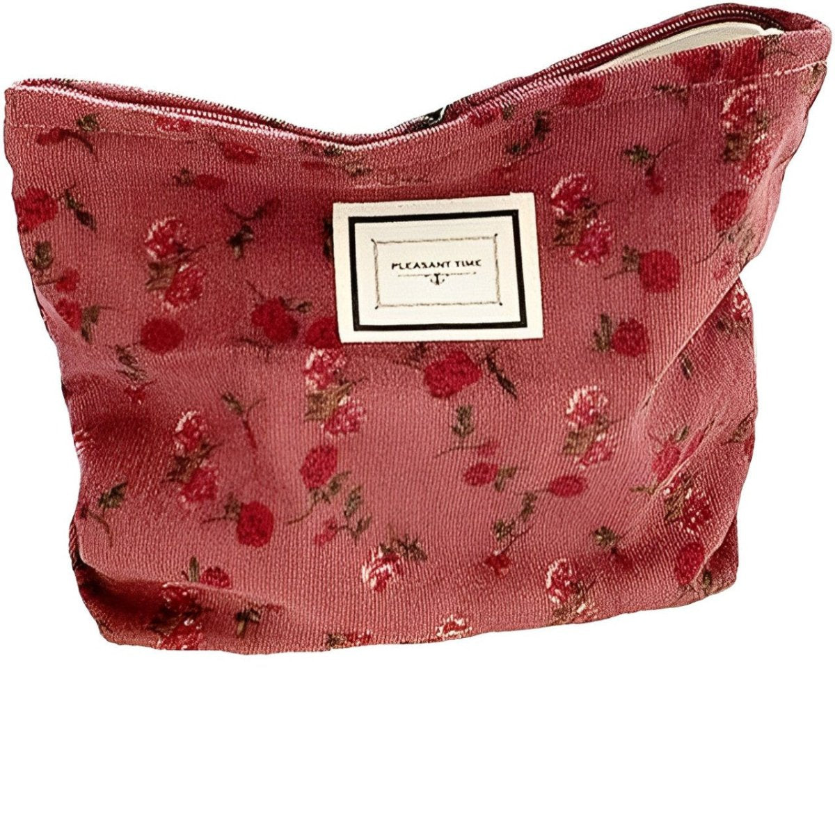 Astuccio cosmetico in tessuto rosa con motivo floreale, chiusura a zip, ideale per trucco e accessori. Design elegante e pratico per viaggio.