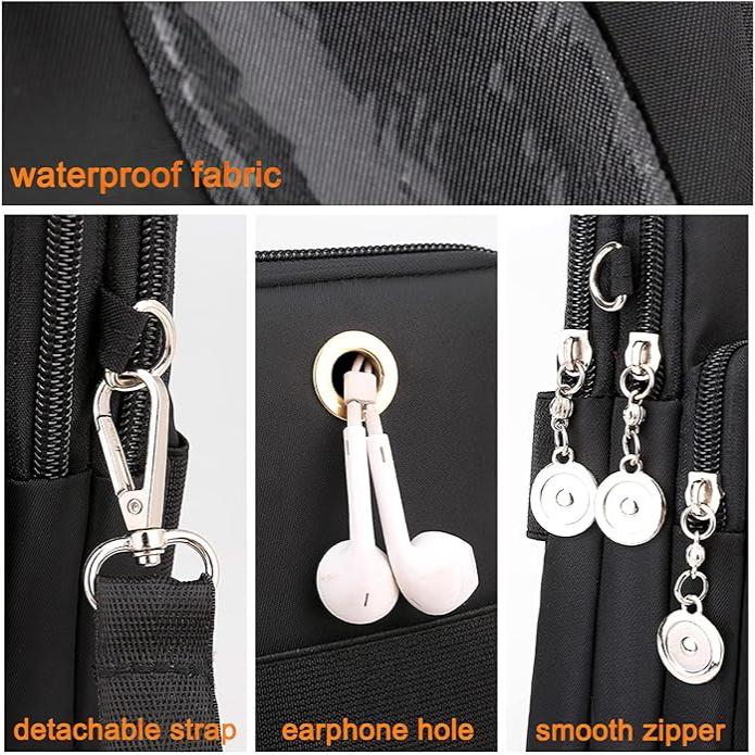 Zaino nero con tessuto impermeabile, cinghia staccabile, foro per auricolari e cerniera liscia. Accessori pratici per viaggi e scuola.
