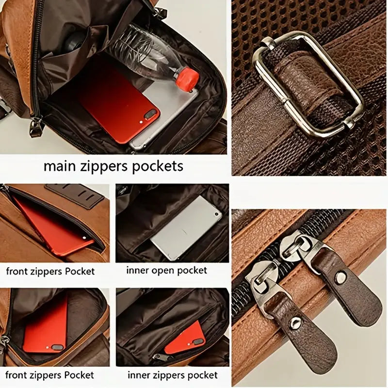Zaino in pelle marrone con tasche multiple, cerniere robuste, scomparti per laptop e bottiglia, ideale per viaggi e lavoro.