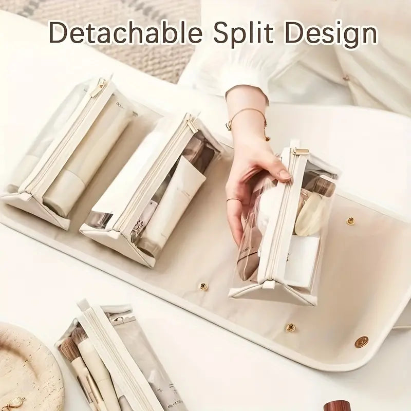 Set di borse organizer trasparenti con design staccabile, ideali per cosmetici e accessori da viaggio. Pratiche, eleganti e versatili.