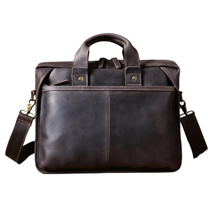 Borsa ventiquattrore in pelle marrone scuro con manici e tracolla regolabile, design elegante e spazioso, ideale per lavoro e viaggi.